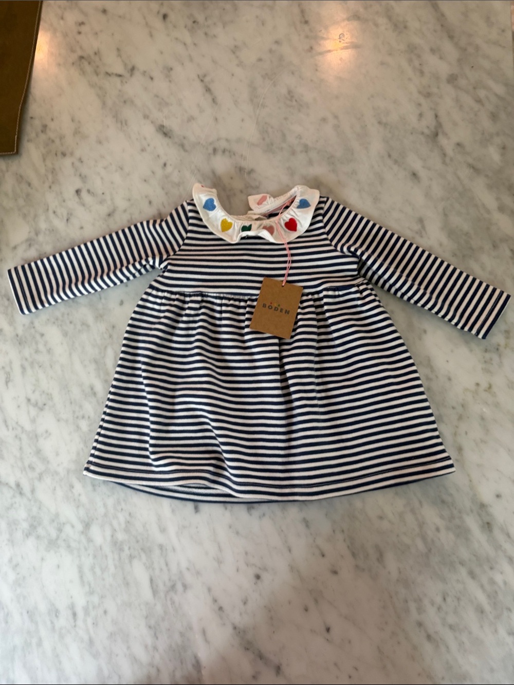 Boden Navy and White Striped Dress with Multi-Color Heart Collar